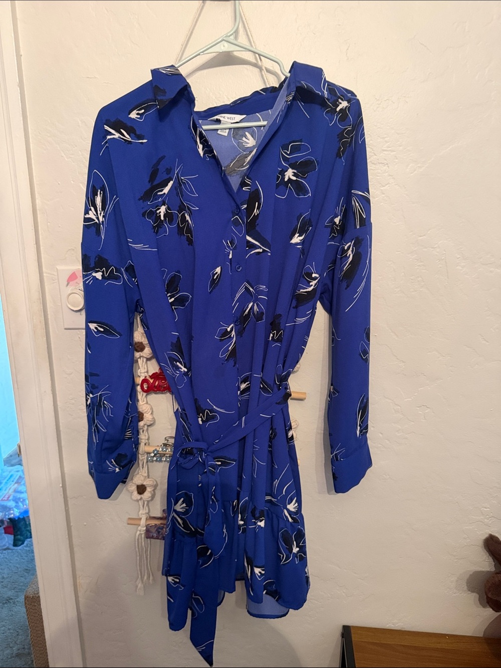 Nine West Royal Blue Floral Long Sleeve Wrap Dress
